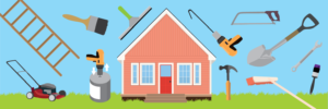 Little cartoon house with tools floating around it.