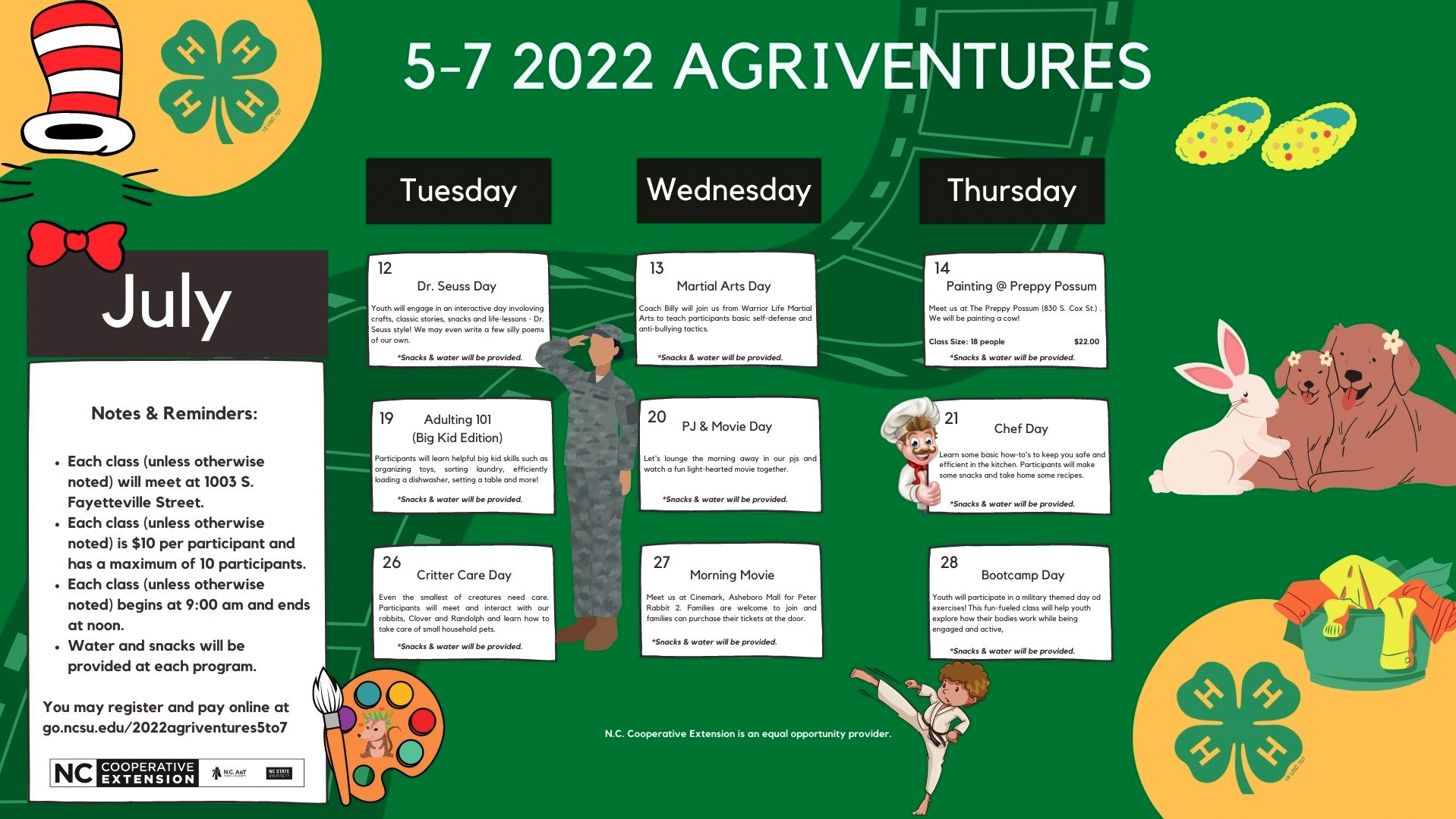 July 2022 Agriventures class calendar for 5 to 7 year olds