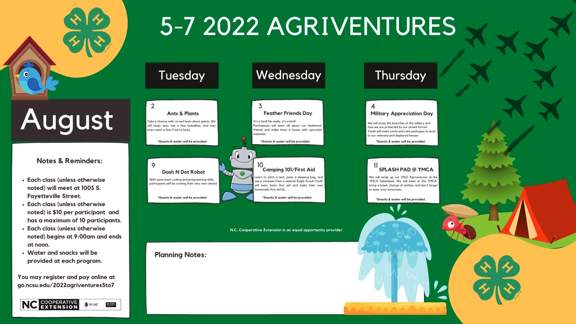 August 2022 Agriventures class calendar for 5 to 7 year olds
