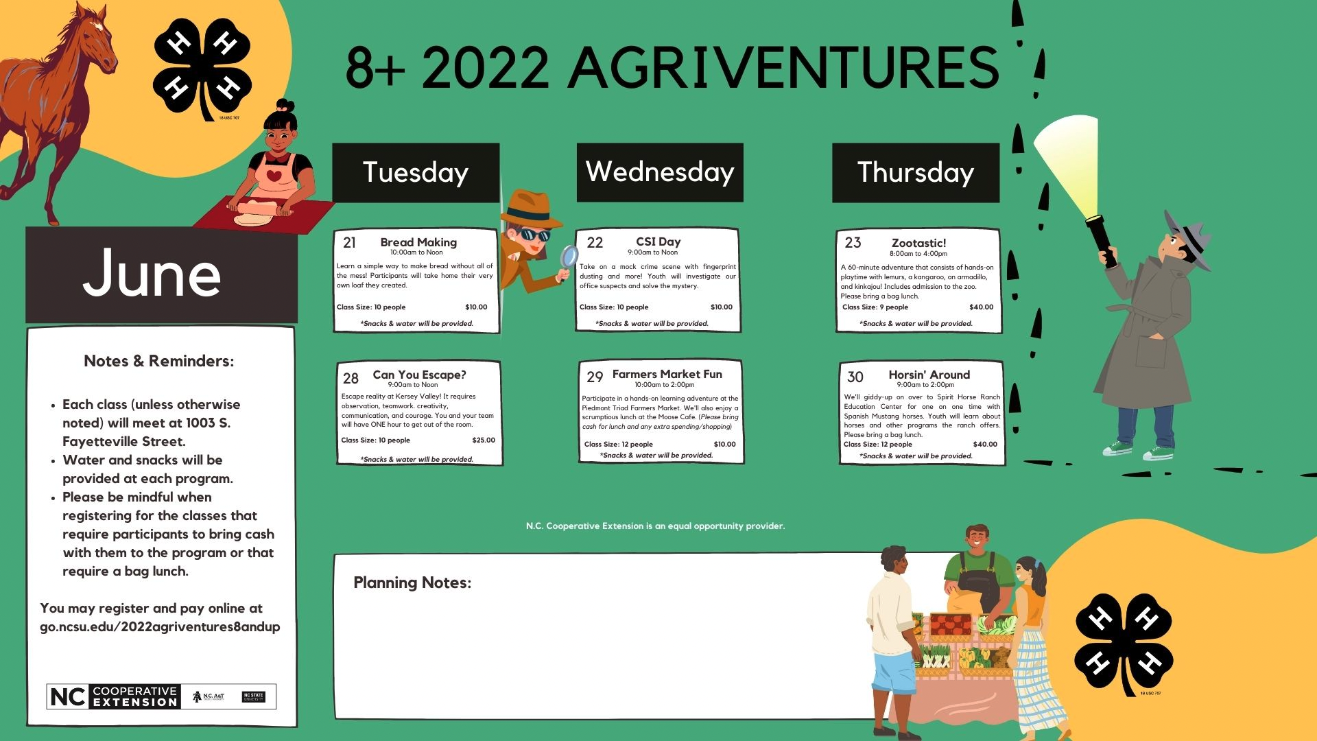 June 2022 Agriventures class calendar for 8+ year olds