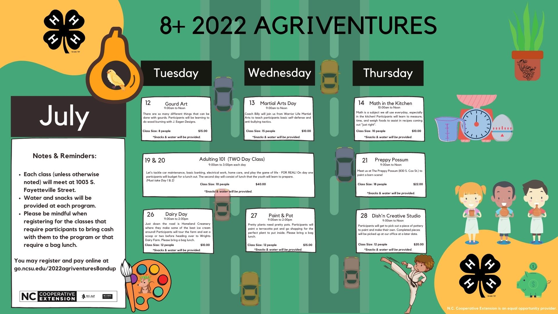July 2022 Agriventures class calendar for 8+ year olds