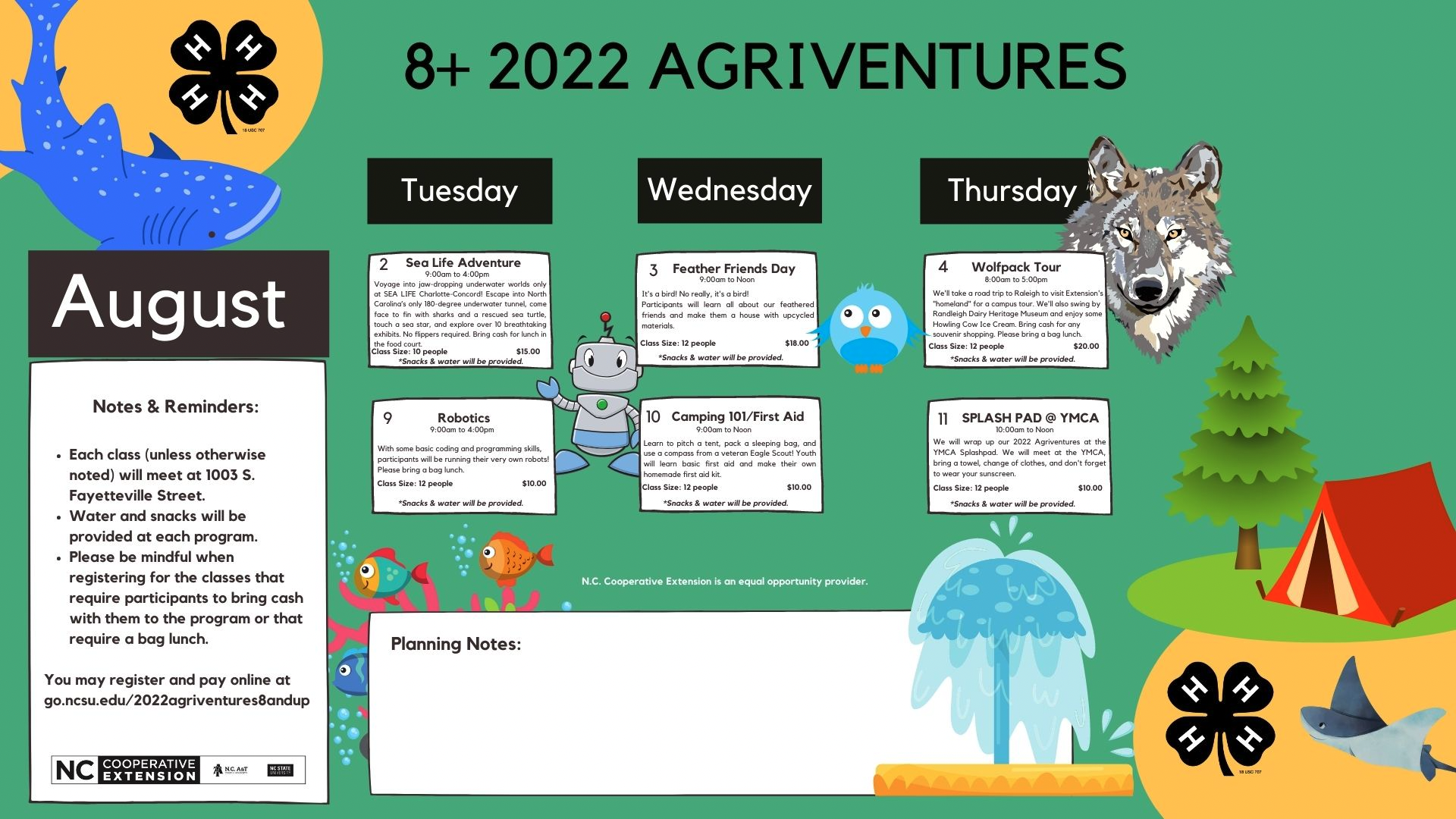August 2022 Agriventures class calendar for 8+ year olds