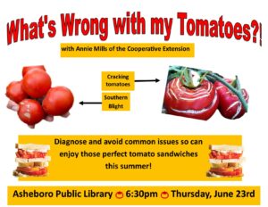 What's Wrong with my Tomatoes? with Annie Mills. Asheboro Public Library, 6:30 p.m. Thursday, June 23.