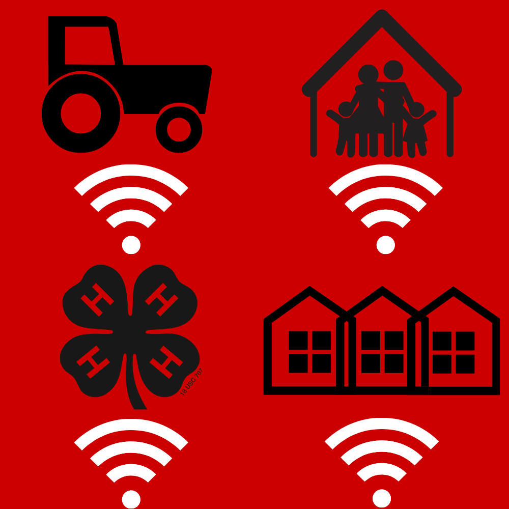 A tractor a Family, the 4-H logo and 3 connected homes all along side wi-fi symbols.