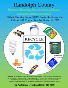 blue and green flyer with words, the recycle symbol. and examples of materials