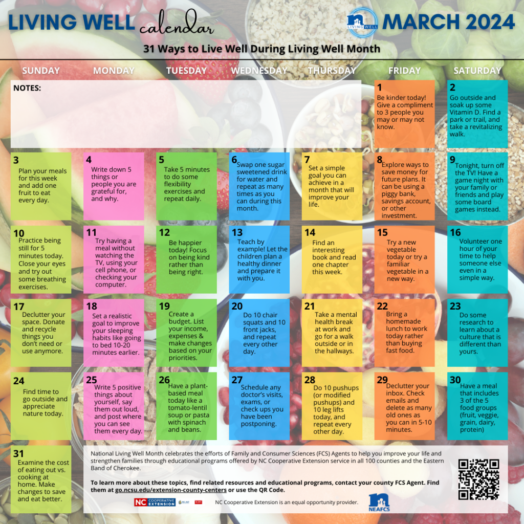 living well month 31 day challenge calendar