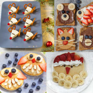 four images of various holiday themed snacks made from a variety of fruits, veggies, whole grains, and nut butters