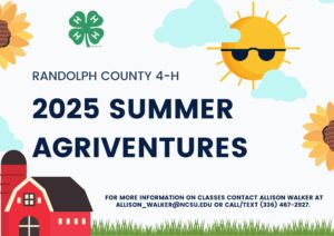 red barn, sun with sunglasses on, the 4-H clover, green grass and the words randolph county 4-H 2025 summer agriventures with accomodation statement